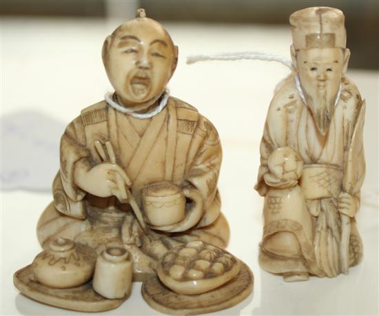 2 Japanese carved ivory figures (faults)